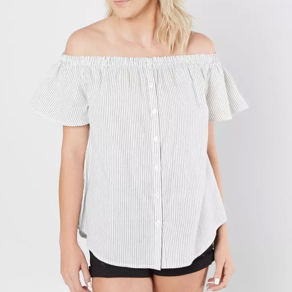 Striped Off-Shoulder Button-Up Top - Picture 11 of 11